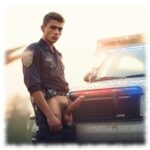 Rookie am Streifenwagen mit Intimwald über seinem harten Glutzeiger und den Glücksäpfeln.
