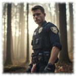 Cop mit offener Hose im Wald stehend, seine Rosenranke der Leidenschaft hängt heraus.