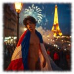 Twink im nächtlichen Paris, Straßenlaterne und Eiffelturm im Hintergrund, Trikolore um den Schultern.