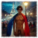 Junger Mann im nächtlichen Paris, Eiffelturm im Hintergrund, Trikolore um den Schultern.