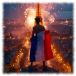 Mann im nächtlichen Paris auf Eiffelturm blickend, Trikolore um den Hüften.