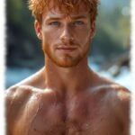 Bärtiger Ginger Men, freier Oberkörper mit Brustbehaarung im Portrait.