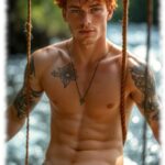 Ginger Men schaukelnd, Slip mit sanfter Ausprägung gibt Blick auf haarige Grenze zur Lust frei.