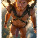 Bärtiger Ginger Men im Fallschirm hängend mit praller, nach vorn gerichteter Lanze des Begehrens.