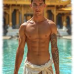 Junger Mann im Wasser vor Tempel stehend, Tuch um den Hüften gibt Juwel der Liebe frei.