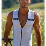 Radfahrer im Sonnenlicht, weißes Radfahrer-Dress, geformte Stelle im Gewebe zeichnet sich ab.