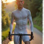 Rothaariger Radfahrer im Abendlicht, weißes Radfahrer-Dress.