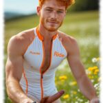 Rothaariger Radfahrer mit Bart, Dress leicht geöffnet, aufgerichteter Kelch der Lust bricht hervor.