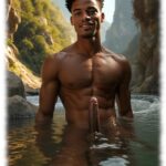 Dunkelhäutiger Twink im Fluss stehend, sein unerschütterlicher Mast ragt aus dem Wasser.
