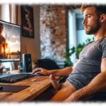 Nackter Bartträger vor Monitor sitzend, erotische Szene betrachtend, mit aufstrebenden Titan.