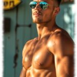 Rothaariger Twink mit Sonnenbrille und 3-Tage-Bart, freier Oberkörper.