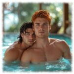 Nahaufnahme, ein schwarz- und ein rothaariger Mann bis zur Brust im Wasser stehend.
