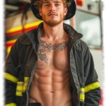 Rothaariger, bärtiger Feuerwehr-Mann mit leicht geöffneter Hose.