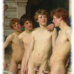 Vier Jünglinge in antikem Bad stehend, ihre Funken des Eros teilweise sichtbar.