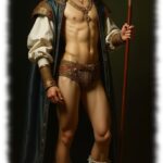 Junger Mann mit Hut, Speer in der Hand, lustvoller Hügel in der Hose.