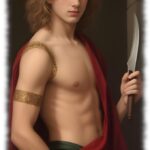 Junger langhaariger Lockenkopf im Profil, Hand in der Hosentasche und Messer in der Hand.