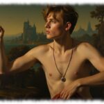 Portrait, junger Mann mit kleinem Kelch in der Hand, Burg im Hintergrund.