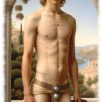 Blonder Knabe im Säulenbogen stehend, halb nackt mit Lendenschurz.