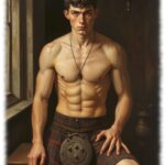 Mann, muskulös, sitzend, rot-brauner Kilt bedeckt das Eros-Schwert.