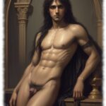 Junger nackter, langhaariger Mann, angelehnt, sein Lustkelch wird von haariger Verlockung gekrönt.