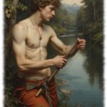 Junger Mann am Fluss, nackter Oberkörper, bereit zu angeln.