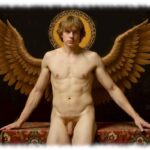 Nackter Engel, angelehnt, Flügel und Arme ausgebreitet zeigt seinen Funken des Eros.