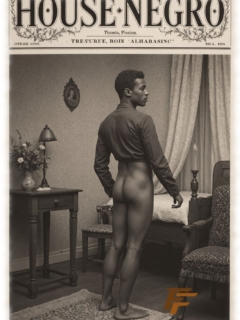 Vintage-Poster, House Negro, dunkelhäutiger Mann in Zimmer stehend, halb nackt. wohlgeformter Po. Vintage-Poster, House Negro, dunkelhäutiger Mann in Zimmer stehend, halb nackt. wohlgeformter Po.