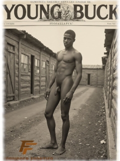 Vintage-Poster, Young Buck, dunkelhäutiger Mann zwischen Elendshütten stehend, nackt. wohlgeformter Funke des Eros. Vintage-Poster, Young Buck, dunkelhäutiger Mann zwischen Elendshütten stehend, nackt. wohlgeformter Funke des Eros.