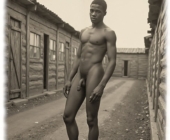 Vintage-Poster, Young Buck, dunkelhäutiger Mann zwischen Elendshütten stehend, nackt. wohlgeformter Funke des Eros. Vintage-Poster, Young Buck, dunkelhäutiger Mann zwischen Elendshütten stehend, nackt. wohlgeformter Funke des Eros.