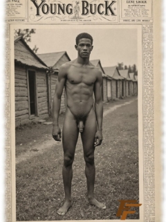 Vintage-Poster, Young Buck, dunkelhäutige Mann vor Elendshütten stehend, nackt. Vintage-Poster, Young Buck, dunkelhäutige Mann vor Elendshütten stehend, nackt.