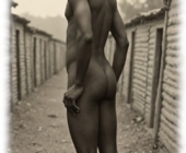 Vintage-Poster, Young Buck, dunkelhäutige Mann zwischen Elendshütten stehend, nackt. Vintage-Poster, Young Buck, dunkelhäutige Mann zwischen Elendshütten stehend, nackt.