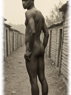 Vintage-Poster, Young Buck, dunkelhäutige Mann zwischen Elendshütten stehend, nackt. Vintage-Poster, Young Buck, dunkelhäutige Mann zwischen Elendshütten stehend, nackt.