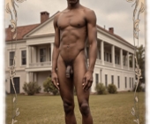 Vintage-Poster, Young Buck, dunkelhäutige Mann vor Herrenhaus stehend nackt. Vintage-Poster, Young Buck, dunkelhäutige Mann vor Herrenhaus stehend nackt.