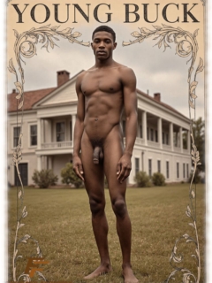 Vintage-Poster, Young Buck, dunkelhäutige Mann vor Herrenhaus stehend nackt. Vintage-Poster, Young Buck, dunkelhäutige Mann vor Herrenhaus stehend nackt.