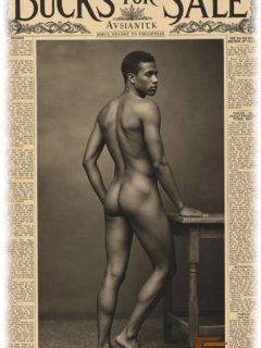 Vintage-Poster, Bucks for Sale, dunkelhäutige Mann, nackt, am Tisch zeigt seinen Po. Vintage-Poster, Bucks for Sale, dunkelhäutige Mann, nackt, am Tisch zeigt seinen Po.