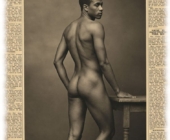 Vintage-Poster, Bucks for Sale, dunkelhäutige Mann, nackt, am Tisch zeigt seinen Po. Vintage-Poster, Bucks for Sale, dunkelhäutige Mann, nackt, am Tisch zeigt seinen Po.