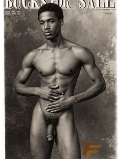 Vintage-Poster, Bucks for Sale, dunkelhäutige Mann, nackt, Hände auf Bauch zeigt seine Feder der Sinnlichkeit. Vintage-Poster, Bucks for Sale, dunkelhäutige Mann, nackt, Hände auf Bauch zeigt seine Feder der Sinnlichkeit.