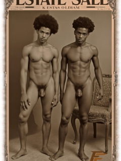 Vintage-Poster, Estate Sale, zwei dunkelhäutige Männer, nackt, zeigen ihre Bacchusfackeln. Vintage-Poster, Estate Sale, zwei dunkelhäutige Männer, nackt, zeigen ihre Bacchusfackeln.