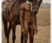 Vintage-Poster, Field Hand, dunkelhäutiger Mann mit Pferd, nackt und sichtbares Lustpendel. Vintage-Poster, Field Hand, dunkelhäutiger Mann mit Pferd, nackt und sichtbares Lustpendel.