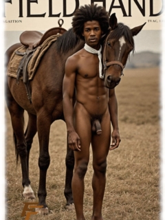 Vintage-Poster, Field Hand, dunkelhäutiger Mann mit Pferd, nackt und sichtbares Lustpendel. Vintage-Poster, Field Hand, dunkelhäutiger Mann mit Pferd, nackt und sichtbares Lustpendel.
