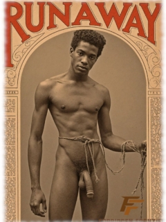 Vintage-Poster, Runaway, dunkelhäutiger Mann, Strick um Bauch, nackt mit ausgeprägtem Herold der Sehnsucht. Vintage-Poster, Runaway, dunkelhäutiger Mann, Strick um Bauch, nackt mit ausgeprägtem Herold der Sehnsucht.