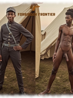 Vintage-Zwei Bilder dunkelhäutiger Mann vor Zelt stehend, verschiedene Posen, in Uniform und nackt mit ausgeprägtem Lebensschlüssel. Vintage-Zwei Bilder dunkelhäutiger Mann vor Zelt stehend, verschiedene Posen, in Uniform und nackt mit ausgeprägtem Lebensschlüssel.