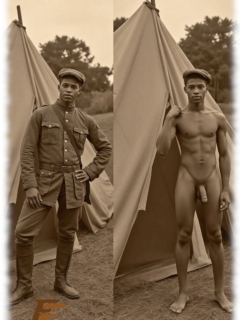 Vintage-Zwei Bilder dunkelhäutiger Mann vor Zelt stehend, verschiedene Posen, in Uniform und nackt. Vintage-Zwei Bilder dunkelhäutiger Mann vor Zelt stehend, verschiedene Posen, in Uniform und nackt.
