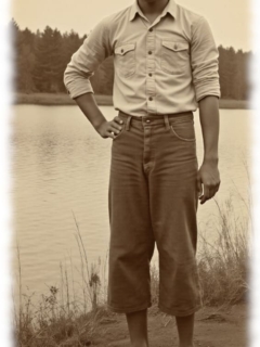 Vintage-Dunkelhäutiger Mann am See, eine Hand an der Hüfte, barfuß. Vintage-Dunkelhäutiger Mann am See, eine Hand an der Hüfte, barfuß.