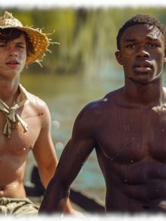 Portrait-Zwei Twinks im Boot sitzend mit freiem Oberkörper. Portrait-Zwei Twinks im Boot sitzend mit freiem Oberkörper.