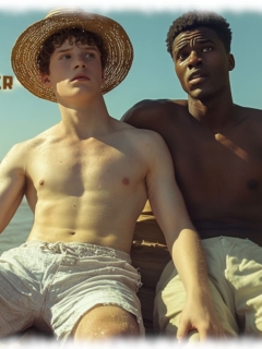 Zwei Twinks im Boot sitzend, Hand des einen auf dem Oberschenkel des anderen. Zwei Twinks im Boot sitzend, Hand des einen auf dem Oberschenkel des anderen.