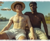 Zwei Twinks im Boot sitzend, Hand des einen auf dem Oberschenkel des anderen. Zwei Twinks im Boot sitzend, Hand des einen auf dem Oberschenkel des anderen.