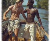 Zwei Twinks im Boot auf dem Fluss, einander zugewandt in leichter Umarmung. Zwei Twinks im Boot auf dem Fluss, einander zugewandt in leichter Umarmung.