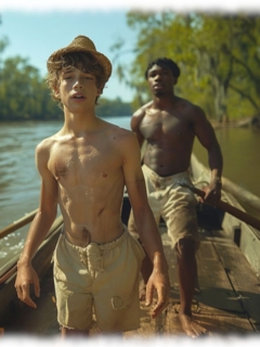 Zwei Twinks im Boot auf dem Fluss, freie Oberkörper. Dunkelhäutiger rudert. Zwei Twinks im Boot auf dem Fluss, freie Oberkörper. Dunkelhäutiger rudert.