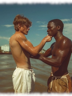 Zwei Twinks mit nassem Oberkörper, auf Boot stehend, gegenseitige Berührung. Zwei Twinks mit nassem Oberkörper, auf Boot stehend, gegenseitige Berührung.